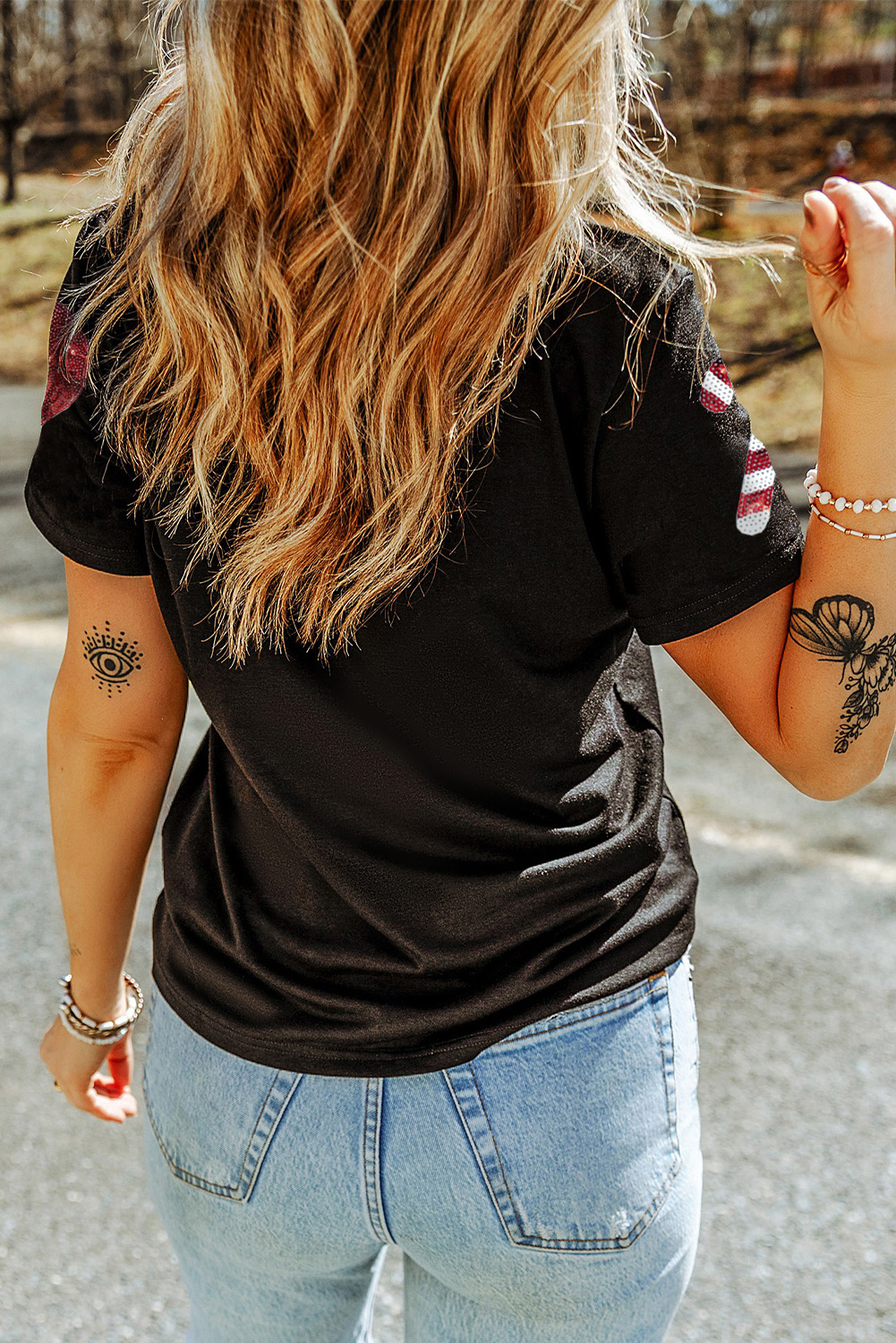 Black Sequin Christmas Essentials Graphic Crewneck T Shirt - Image 3