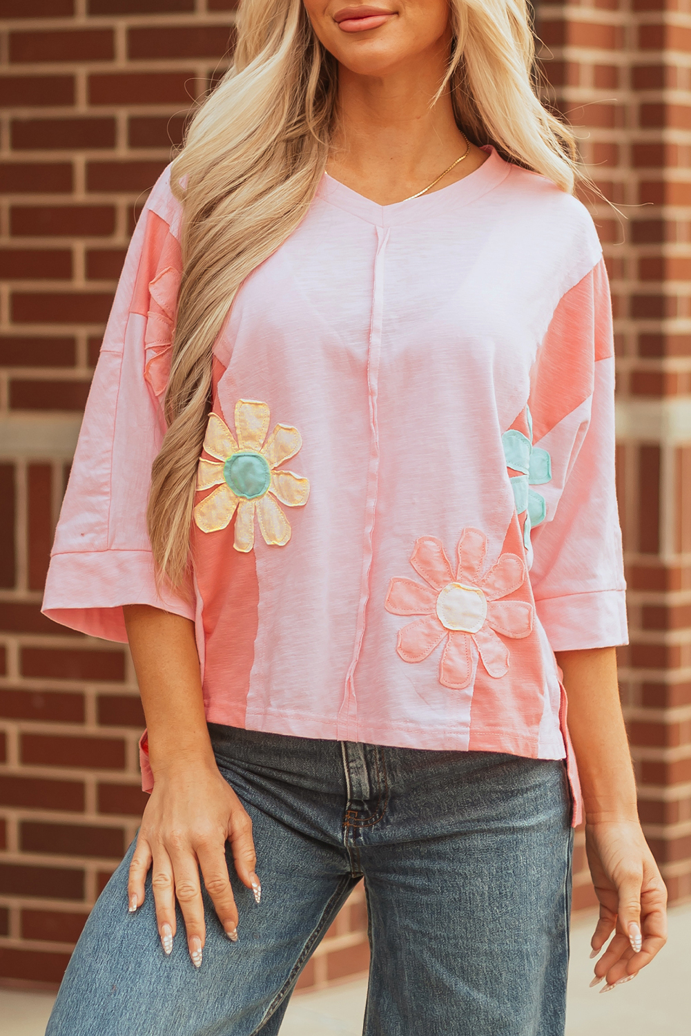 Pink Flower Patched Exposed Seam Bracelet Sleeve Oversized T Shirt - Image 7
