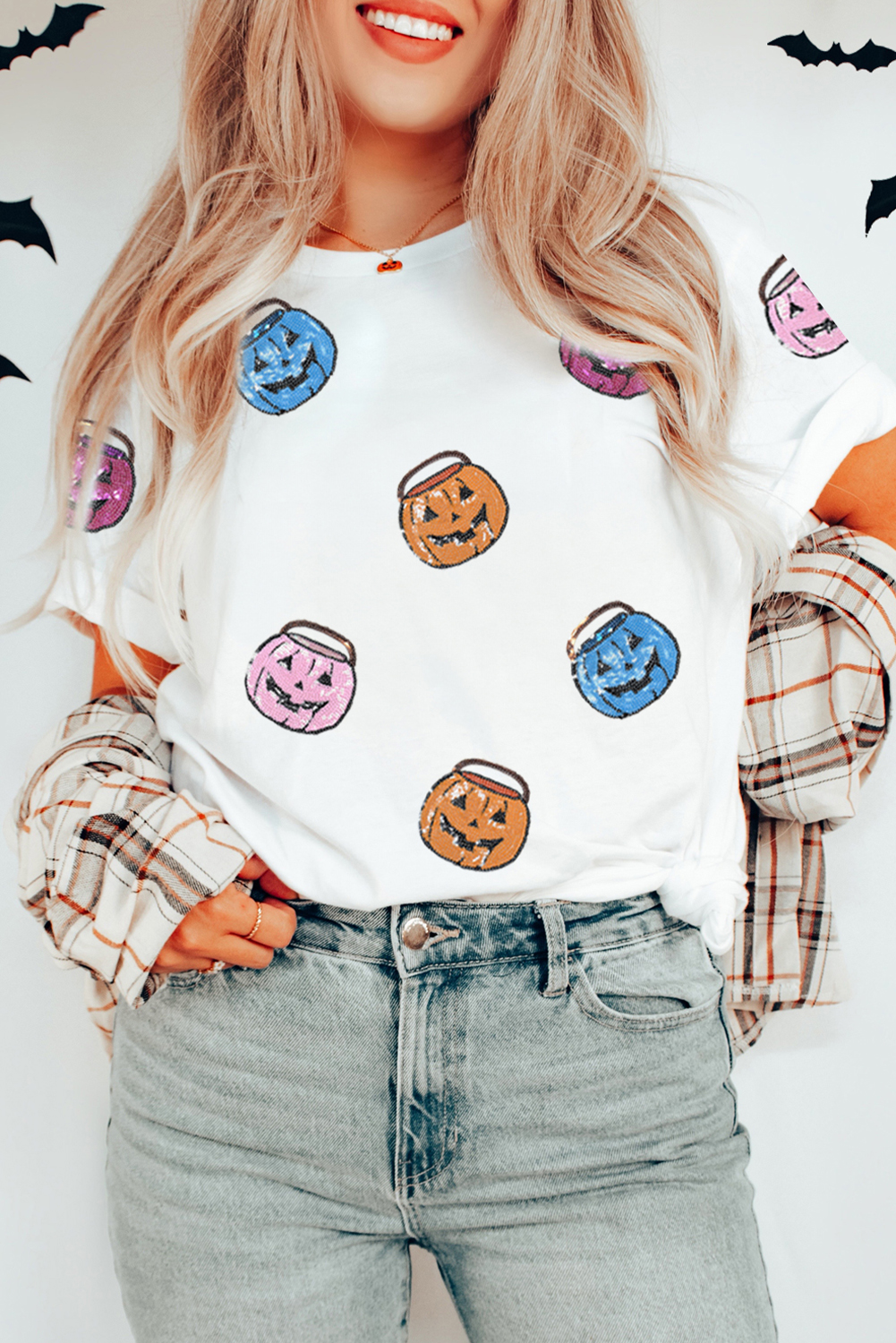 White Sequin Pumpkin Face Patched Crew Neck Holiday T Shirt - Image 7