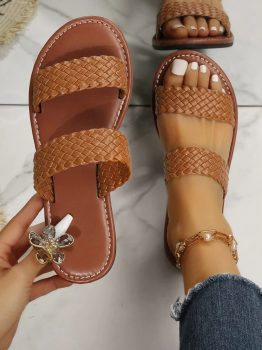 Chestnut Braided Double Band Leathered Flat Slippers