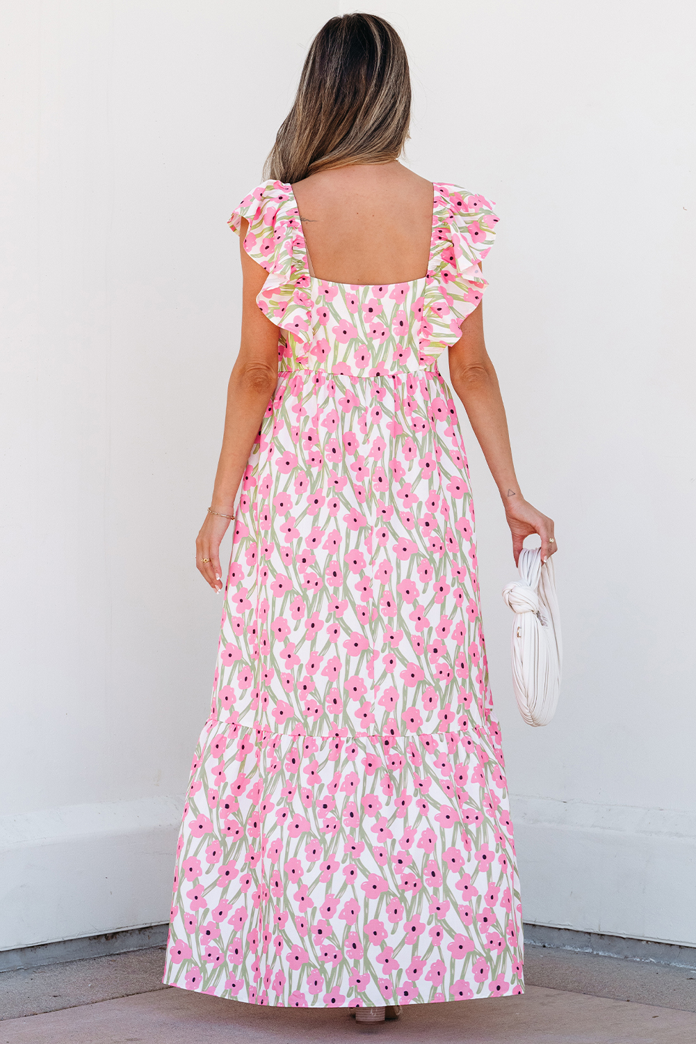 Pink Floral Print Square Neck Ruffled Strap Maxi Dress - Image 2