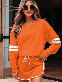 Orange Varsity Stripe Detail Drop Shoulder Pullover Mini Skirt Set