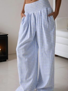 Myosotis Plaid Print Smocked High Waist Womens Loose Pants
