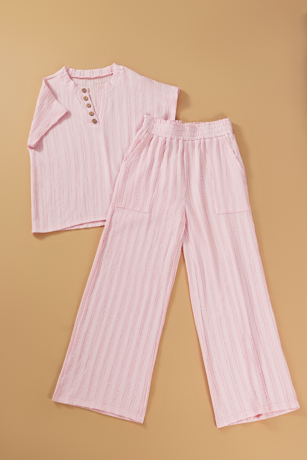 Light Pink Textured Short Sleeve Henley Top and Pocketed Wide Leg Pants - Image 5