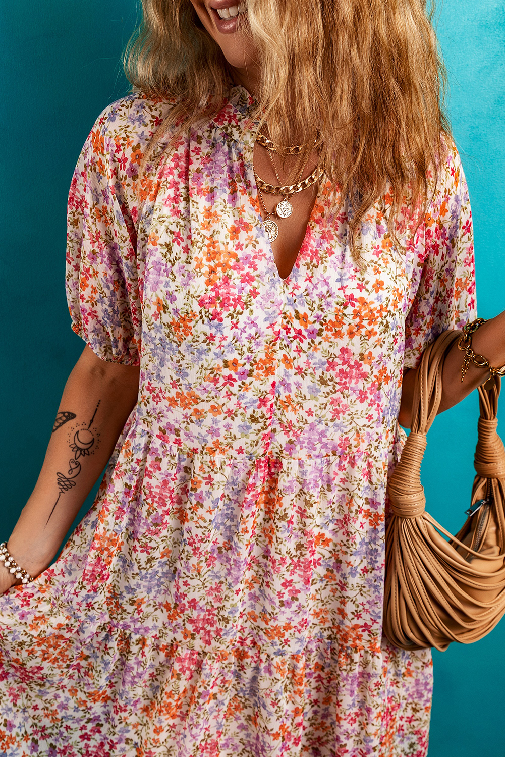 Red Floral Puff Sleeve Notched V Neck Tiered Mini Dress - Image 4