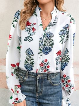 White Floral Print Frilled Collar V Neck Button Down Long Sleeve Shirt