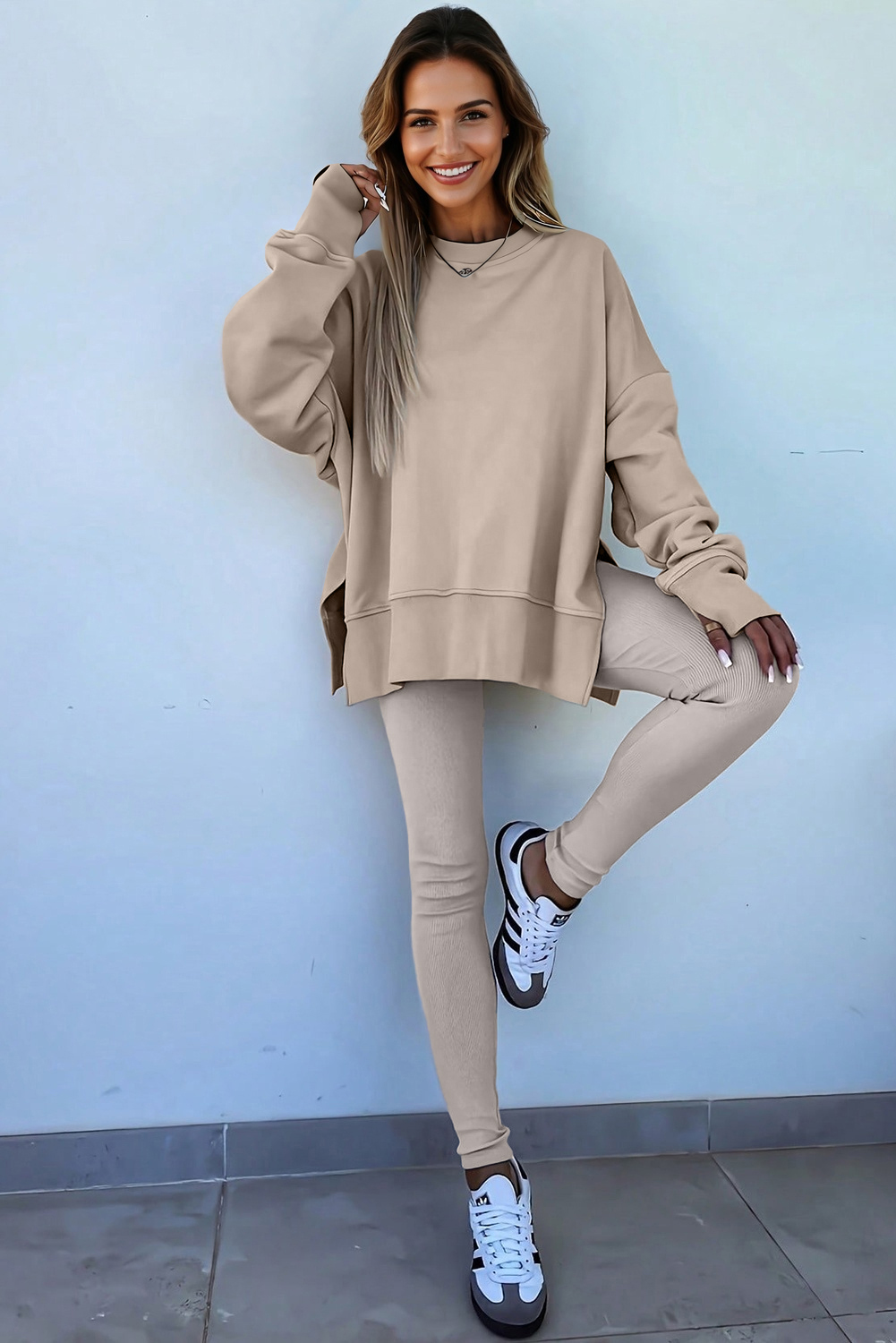 Jet Stream Solid Color Oversize Slit Sweatshirt Ribbed Leggings 2pcs Set - Image 4