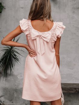 Light Pink Textured Flutter Sleeve Square Neck Bow Back Mini Dress