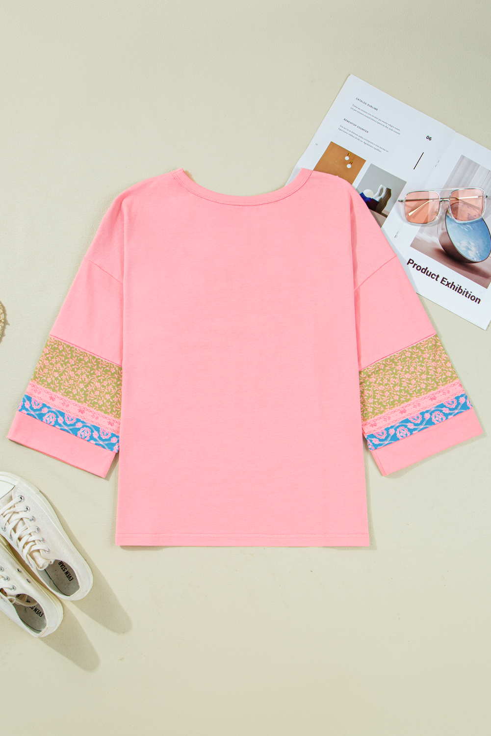 Gossamer Pink Floral Color Block Patchwork Long Sleeve Top - Image 6