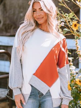 Khaki Colorblock Stitching Irregular Hem Long Sleeve Top