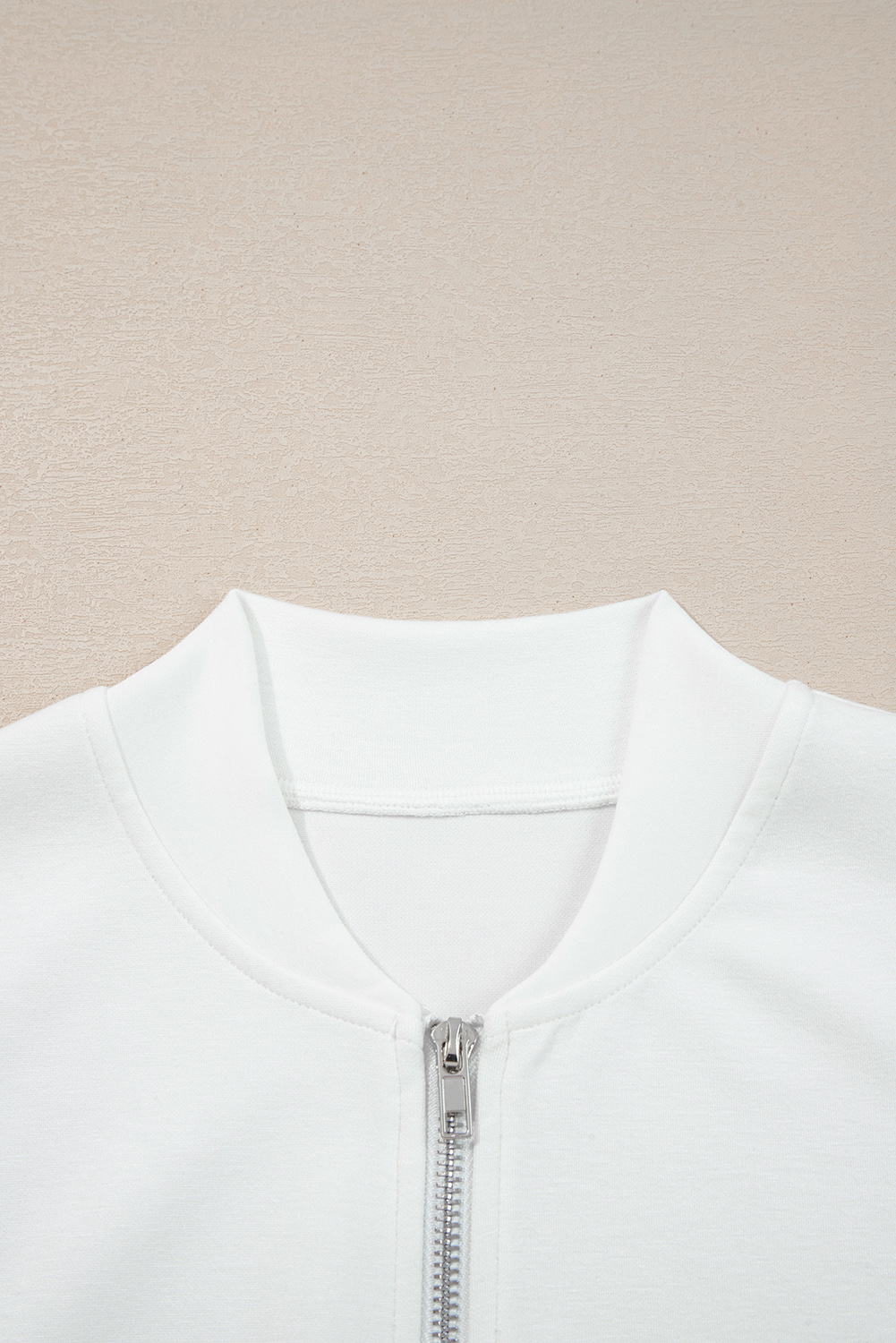 White Solid Color Zip Up Knit Puff Sleeve Jacket - Image 4