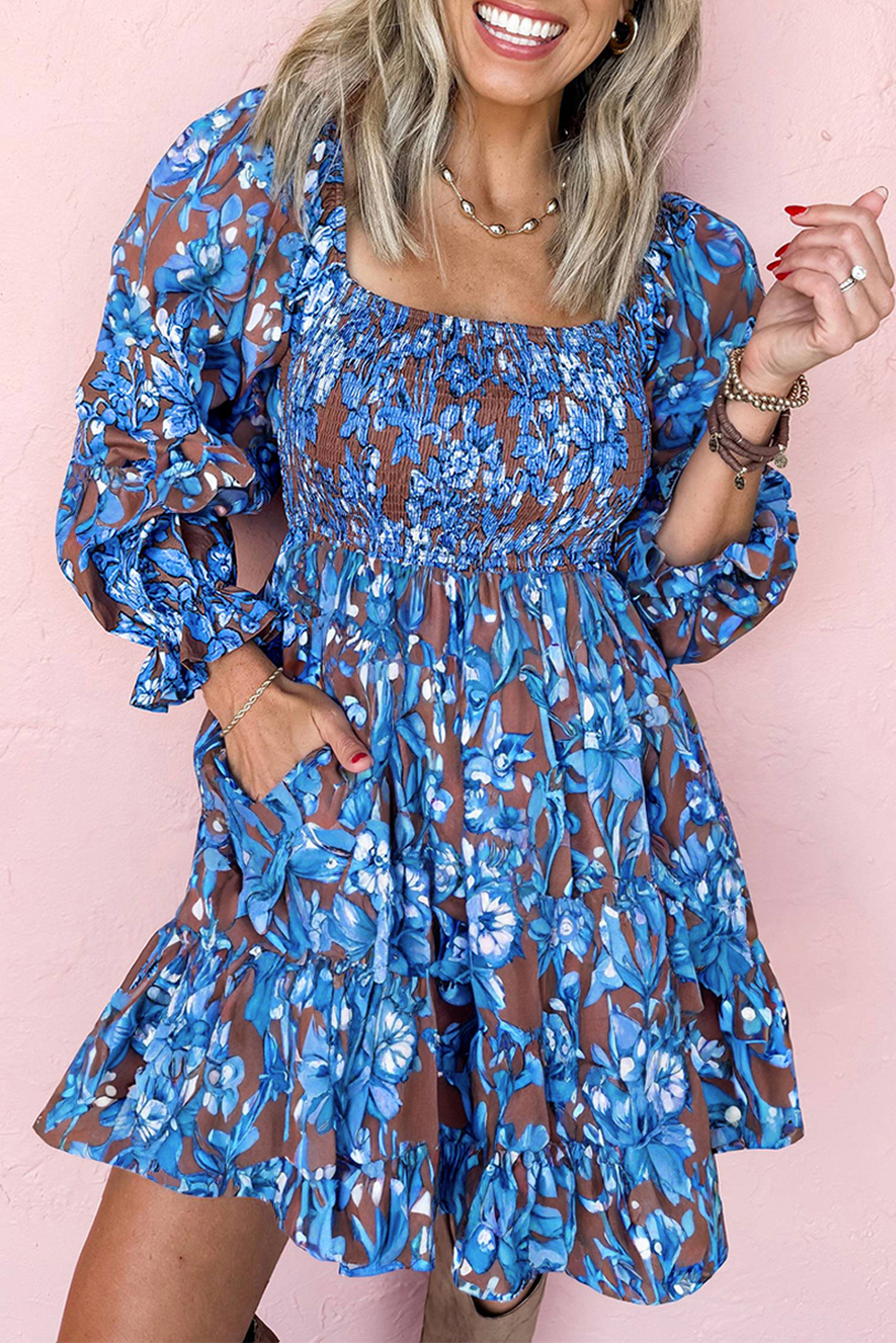 Blue Smocked Bodice High Waist Ruffled Sleeve Floral Dress - Image 2