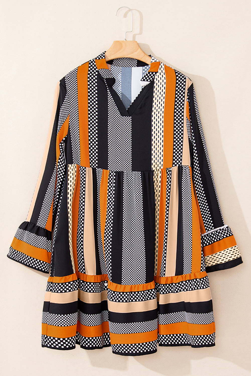 Black Striped Polka Dot Print Ruffled Hem V Neck Mini Dress - Image 7