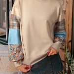 Smoke Gray Plaid Colorblock Patchwork Sleeve Raw Seam Sweatshirt