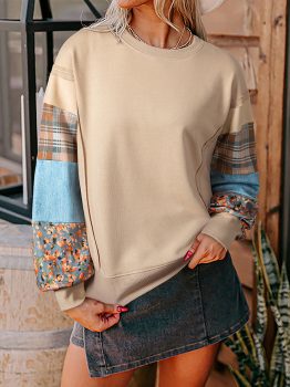 Smoke Gray Plaid Colorblock Patchwork Sleeve Raw Seam Sweatshirt