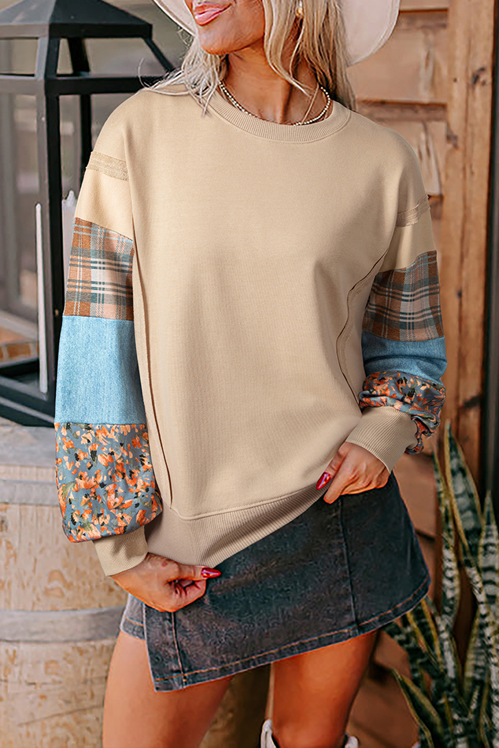 Smoke Gray Plaid Colorblock Patchwork Sleeve Raw Seam Sweatshirt