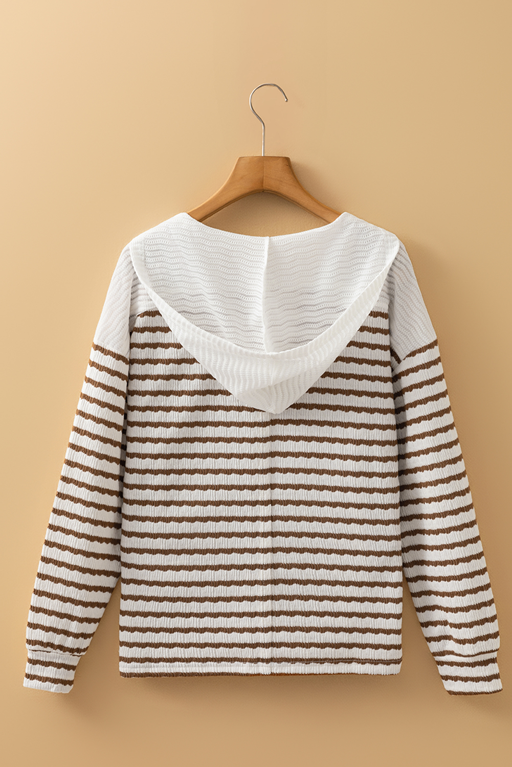 Khaki Stripe Textured Hooded V Neck Casual Long Sleeve Top - Image 4