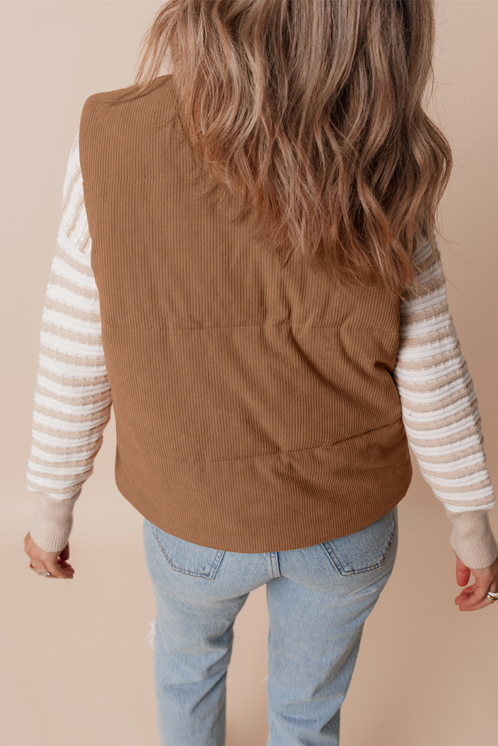 Coffee Corduroy Stand Neck Zipped Puffer Vest - Image 4