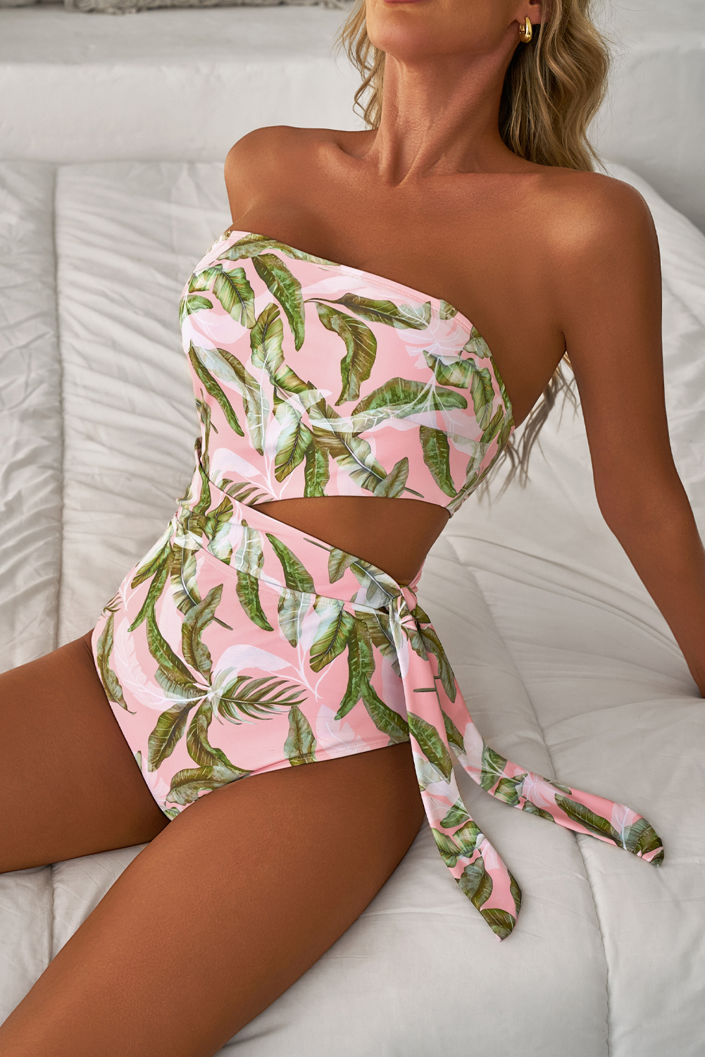 Pink Tropical Asymmetric Cut out Halter Backless One Piece Swimwear - Image 4