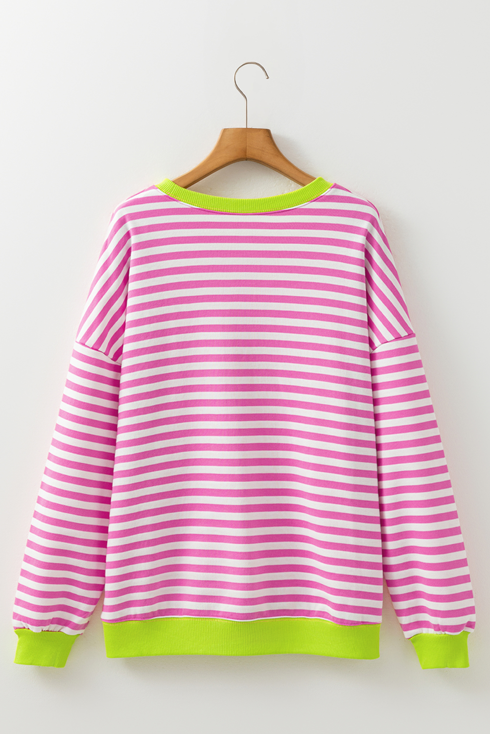Rose Red Striped Contrast Ribbed Trim Crossed Stitch Drop Shoulder Sweatshirt - Image 8