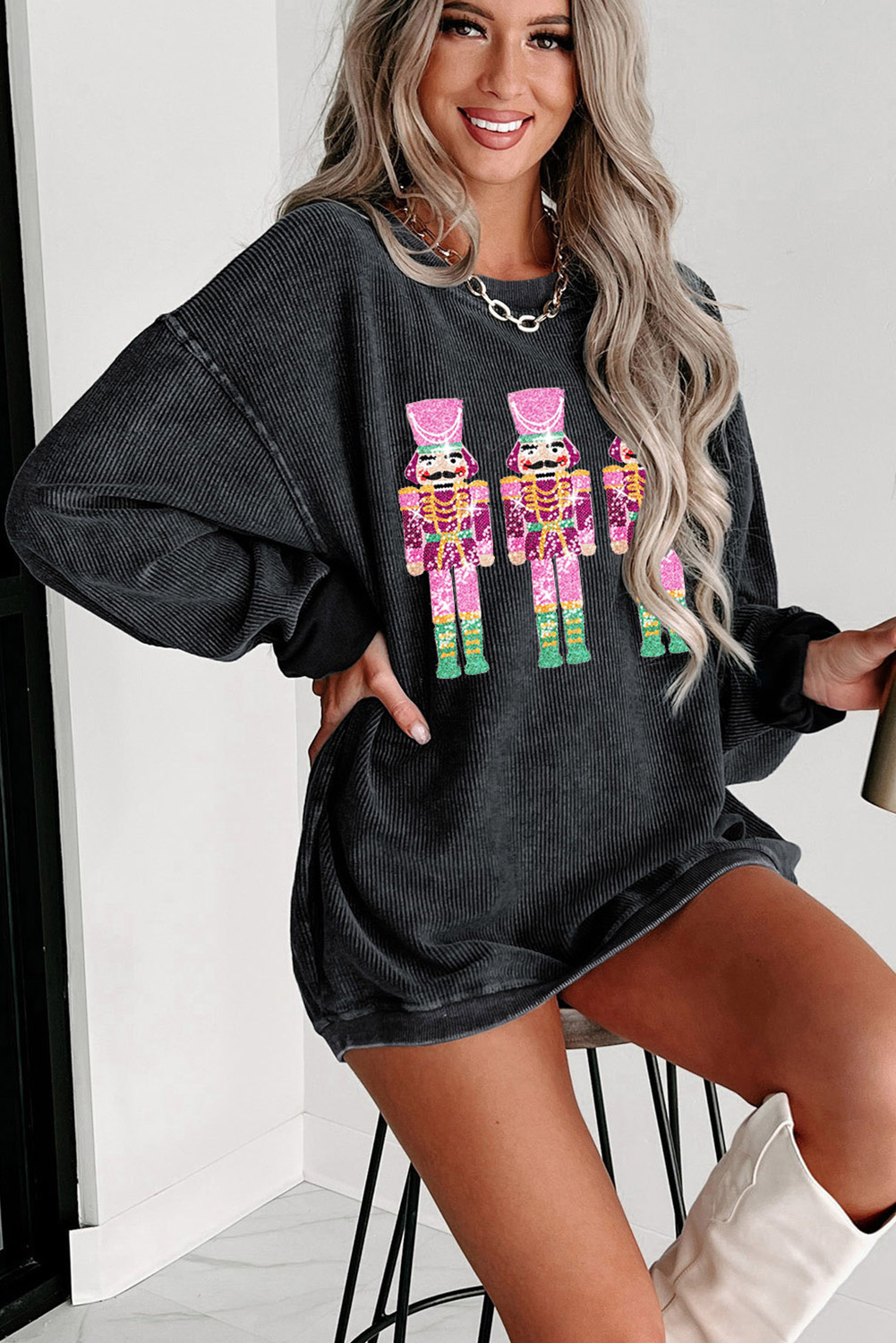 Black Christmas Sequined Nutcrackers Mineral Wash Corded Sweatshirt - Image 2