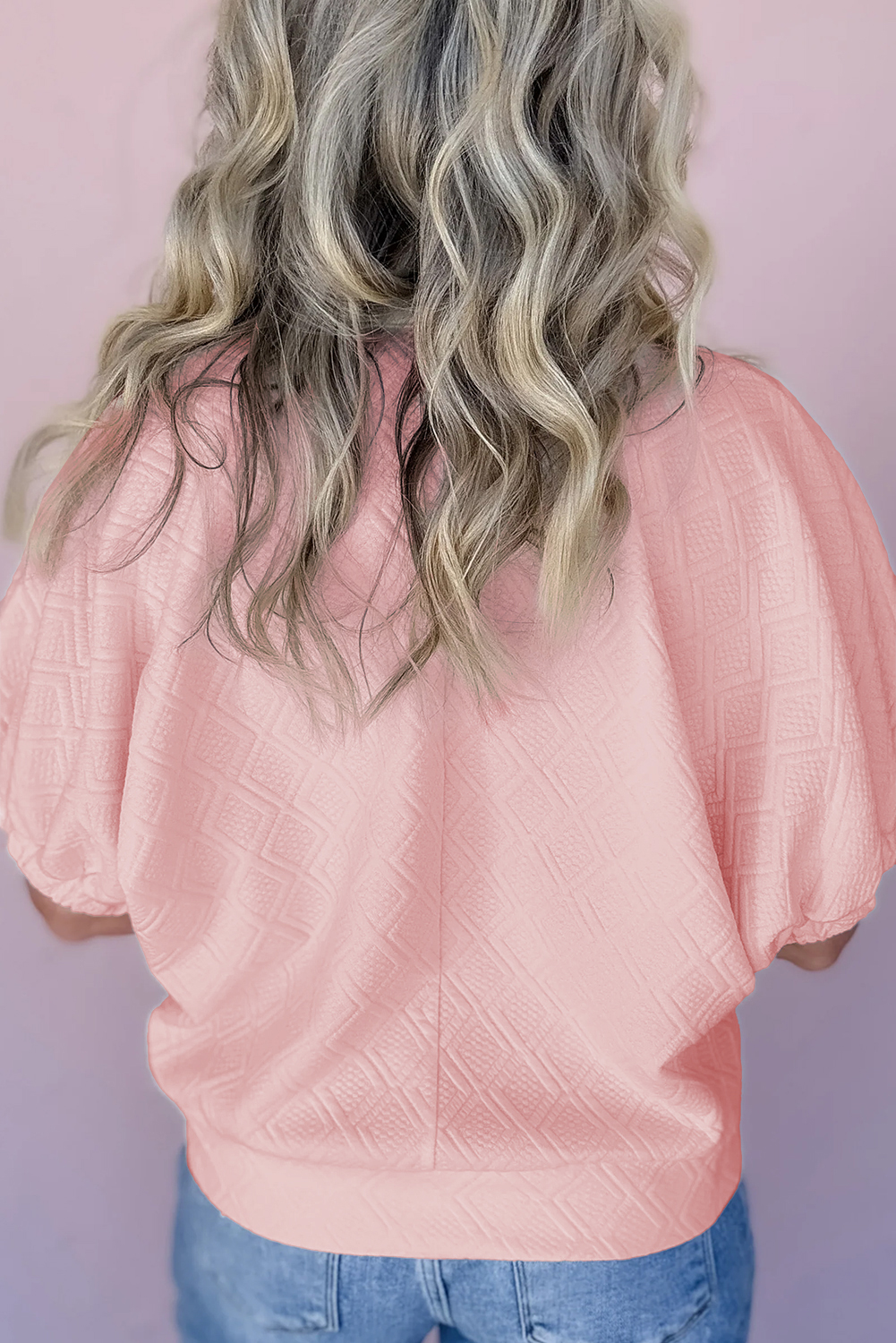 Light Pink Contrast Striped Collar Patchwork Textured Half Sleeve Blouse - Image 2