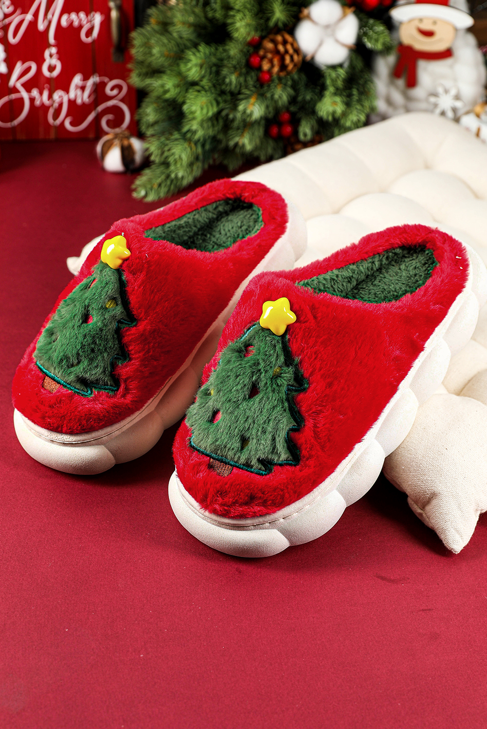 Fiery Red Christmas Tree Graphic Thick Sole Plush Slippers - Image 7
