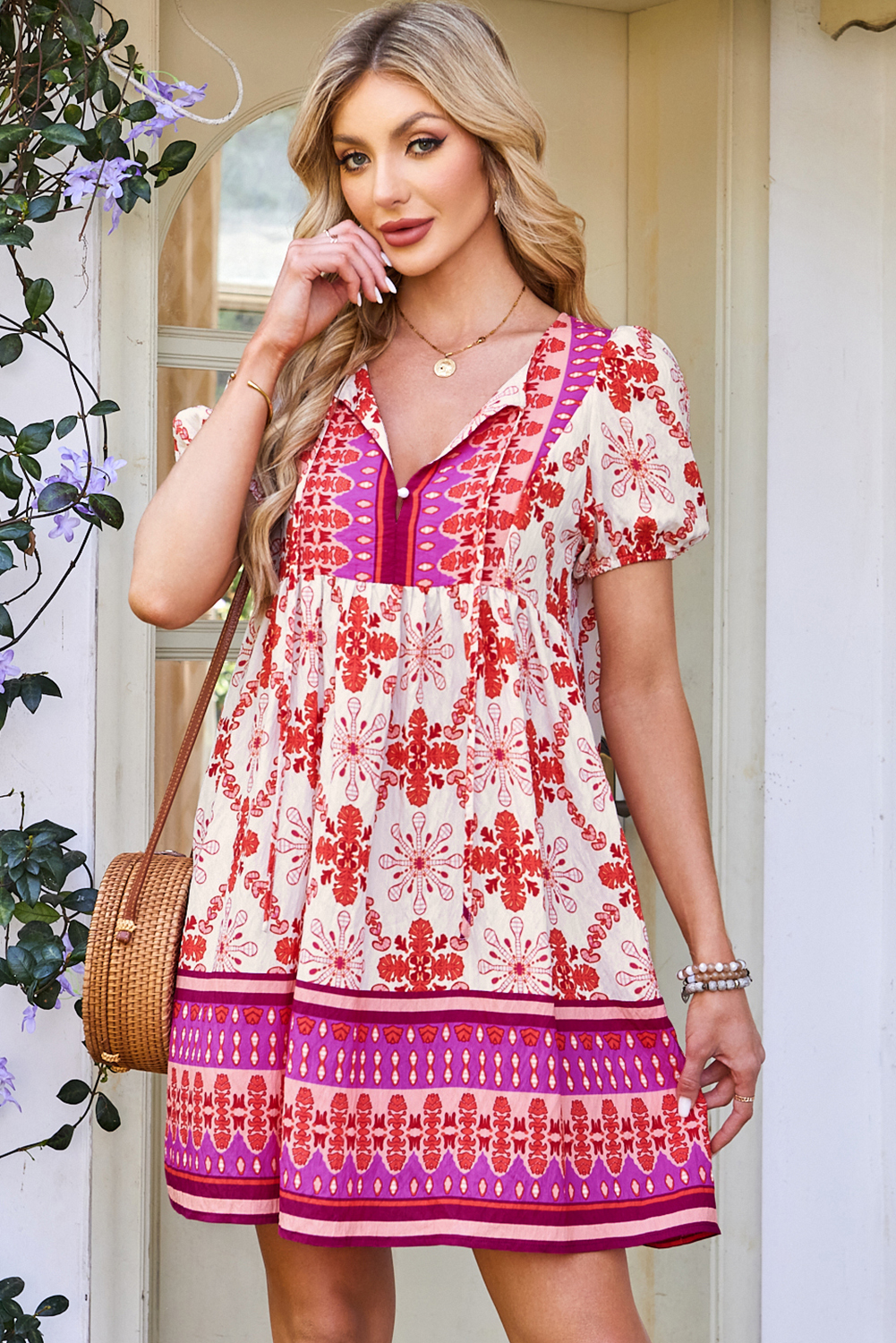 Rose Boho Floral Short Sleeve Lace-up V Neck Mini Dress - Image 4