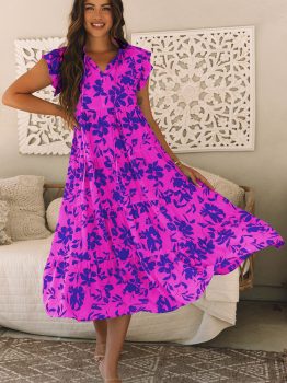 Rose Floral Print Tiered Frilled Trim Flutter Sleeve Maxi Dress