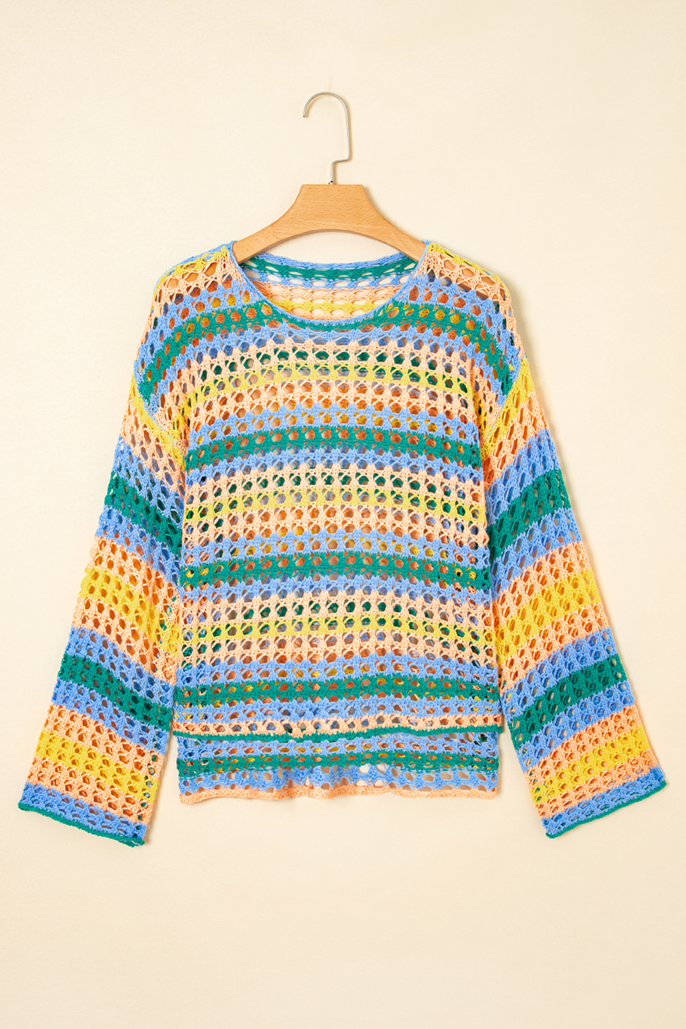 Beau Blue Multi Stripe Open Knit Sweater Beach Cover Up - Image 4