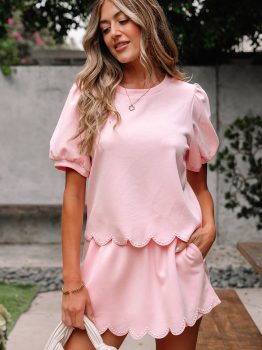 Light Pink Puff Sleeve Pearl Embellished Scallop Trim Top 2 Piece Skort Set