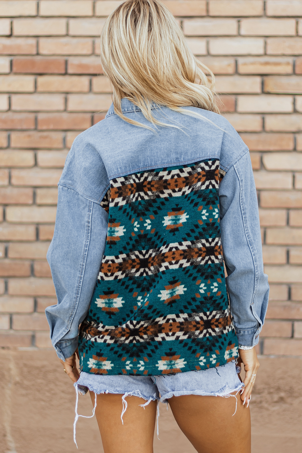 Blue Aztec Printed Denim Jacket - Image 2