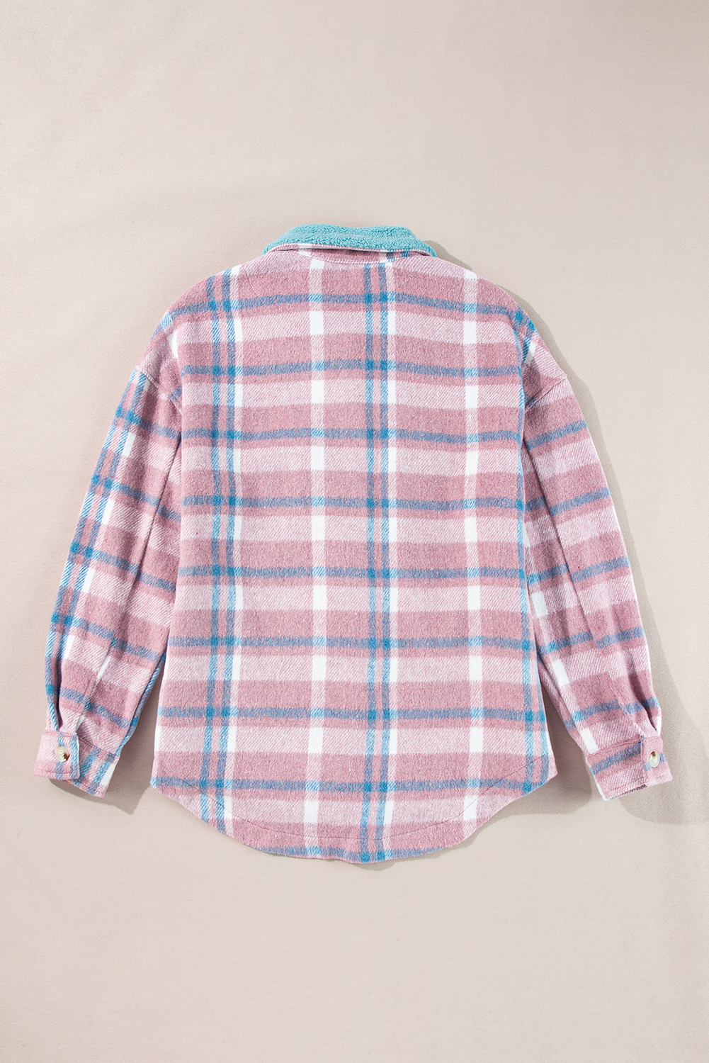Pink Plaid Print Color Block Collared Flap Pockets Loose Shacket - Image 5