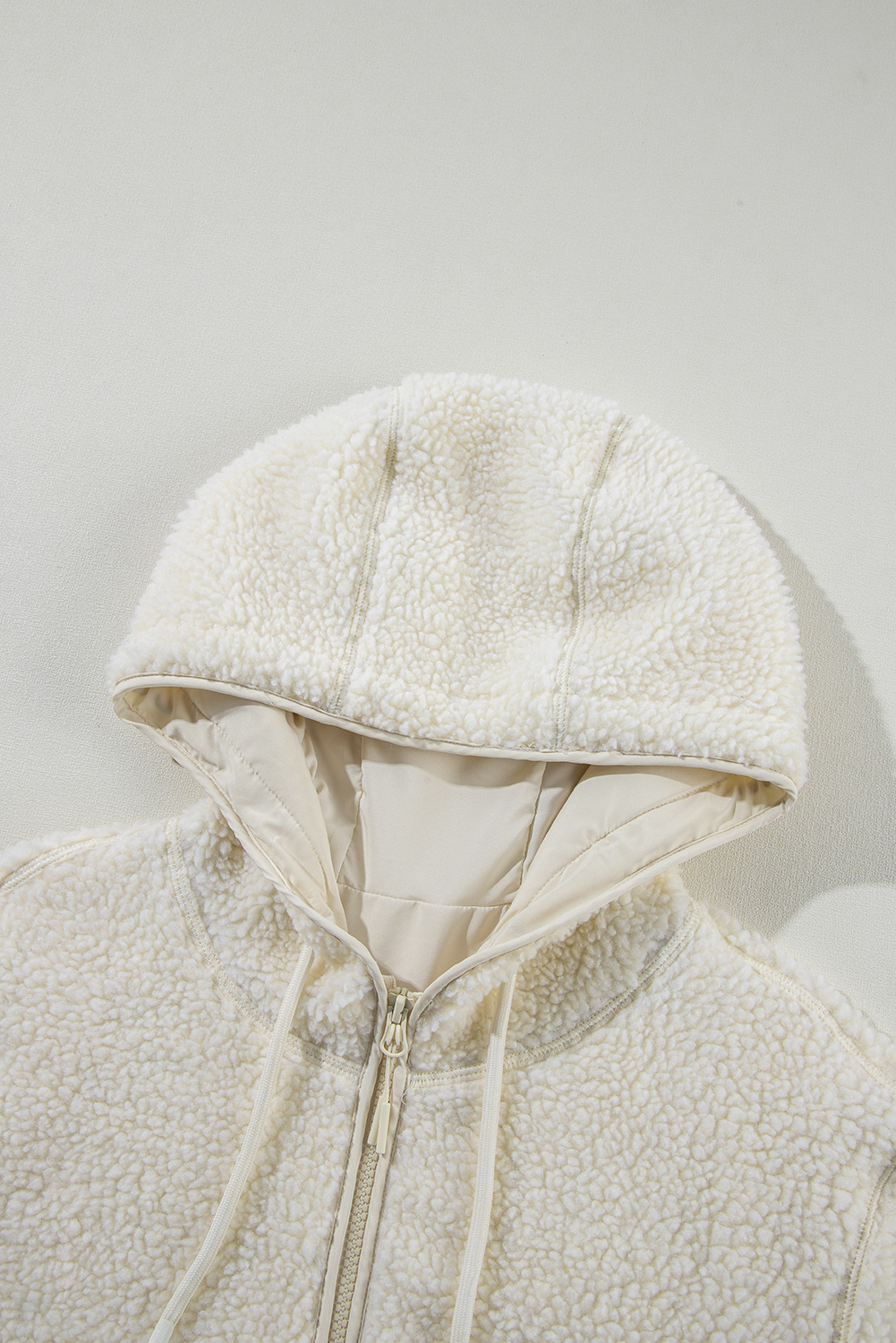 Beige Fleece Zip Up Drawstring Hooded Pocketed Jacket - Image 7