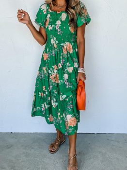 Green Floral Print Bubble Sleeve Smocked Tiered Midi Dress