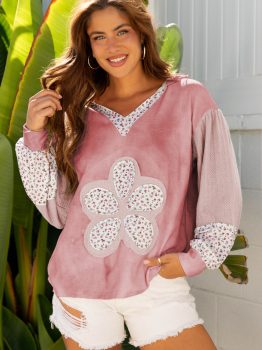 Pink Floral Patched Waffle Textured Colorblock V Neck Casual Hooded Top