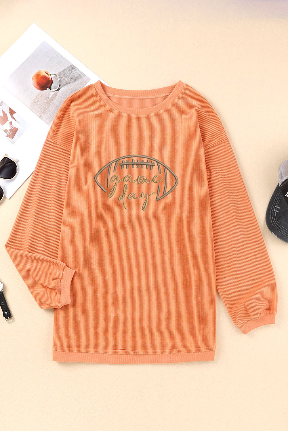 Orange Rugby Game Day Embroidered Corduroy Sweatshirt - Image 7