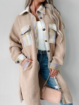 Smoke Gray Plaid Patchwork Collared Button-up Sherpa Long Coat