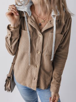 Pale Khaki Hooded Drawstring Pockets Corduroy Shacket