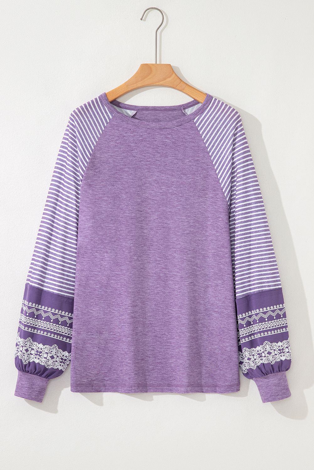 Tillandsia Purple Contrast Print Striped Raglan Long Sleeve Loose Top - Image 3
