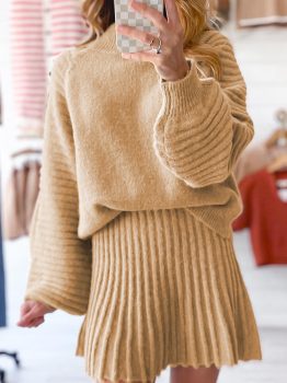 Smoke Gray High Neck Puff Sleeve Sweater Pleated Mini Skirt 2pcs Knitted Outfit