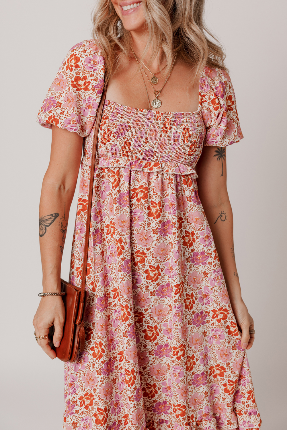 Pink Floral Square Neck Knotted Ruffle Midi Dress - Image 4