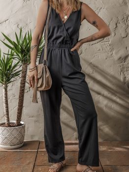 Black Wrap V Neck Sleeveless High Waist Jumpsuit