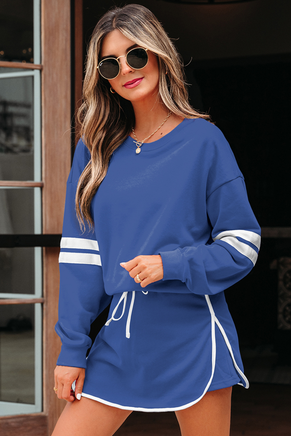 Sky Blue Varsity Stripe Detail Drop Shoulder Pullover Mini Skirt Set - Image 3