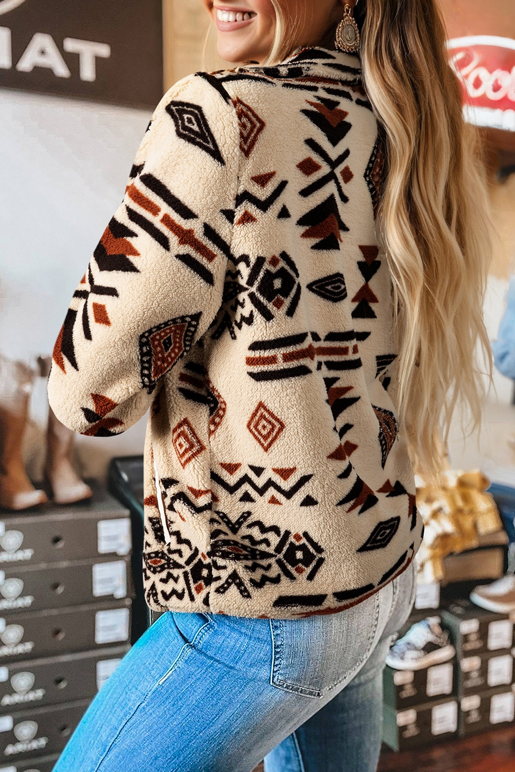 Beige Western Aztec Half Zip Plush Sweatshirt - Image 2