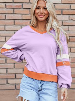 Orchid Bouquet Contrast Rib Knit Patchwork Drop Shoulder V Neck Sweatshirt