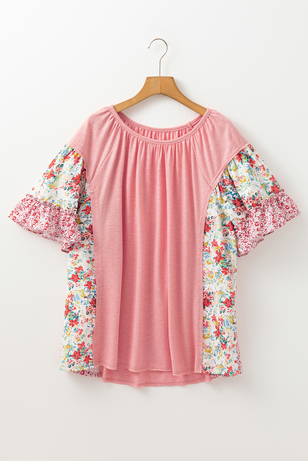 Pink Plus Size Floral Patchwork Ruffled Short Sleeve Blouse - Image 8