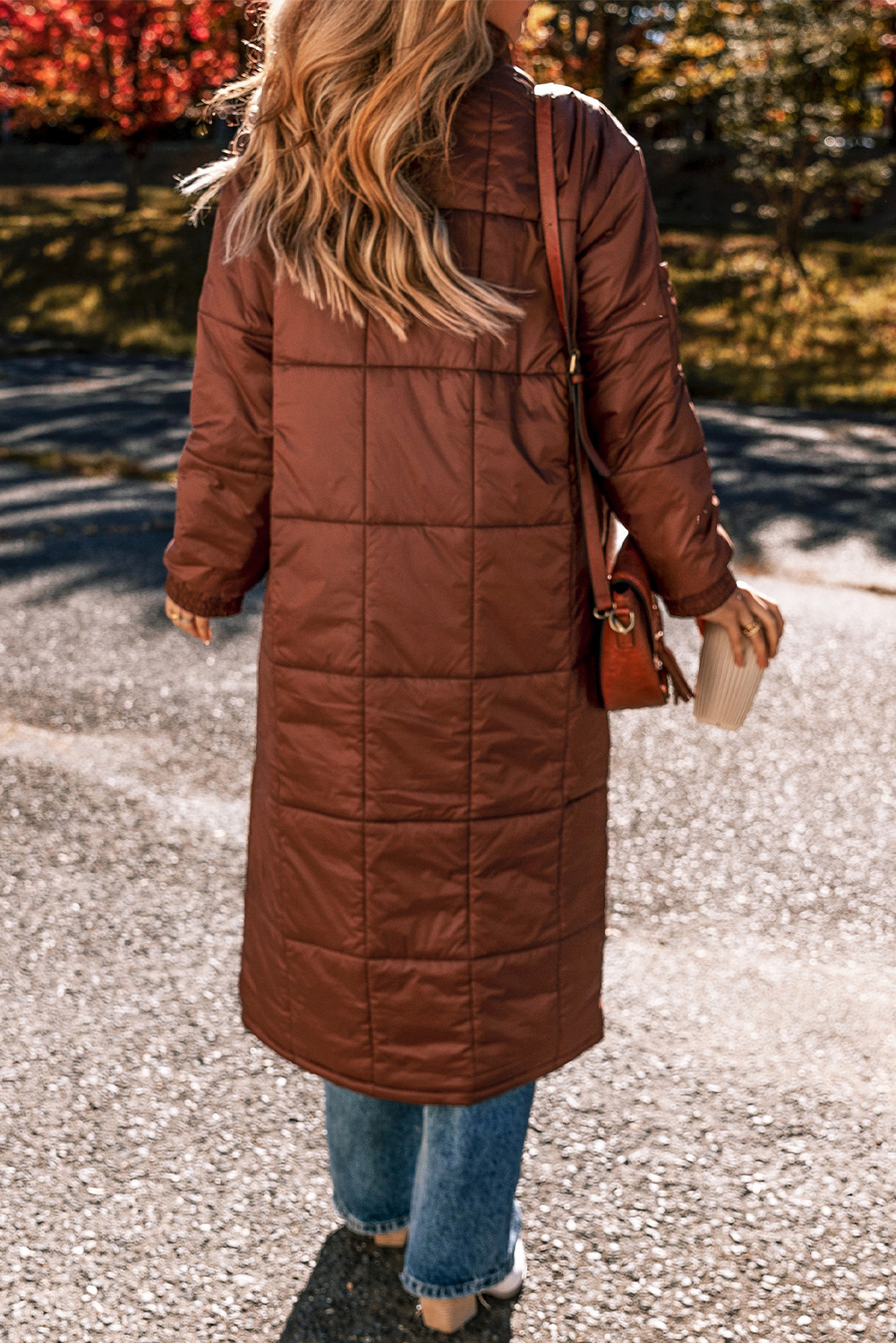Coffee Quilted Puffer Stand Neck Zipped Mid-length Coat - Image 2