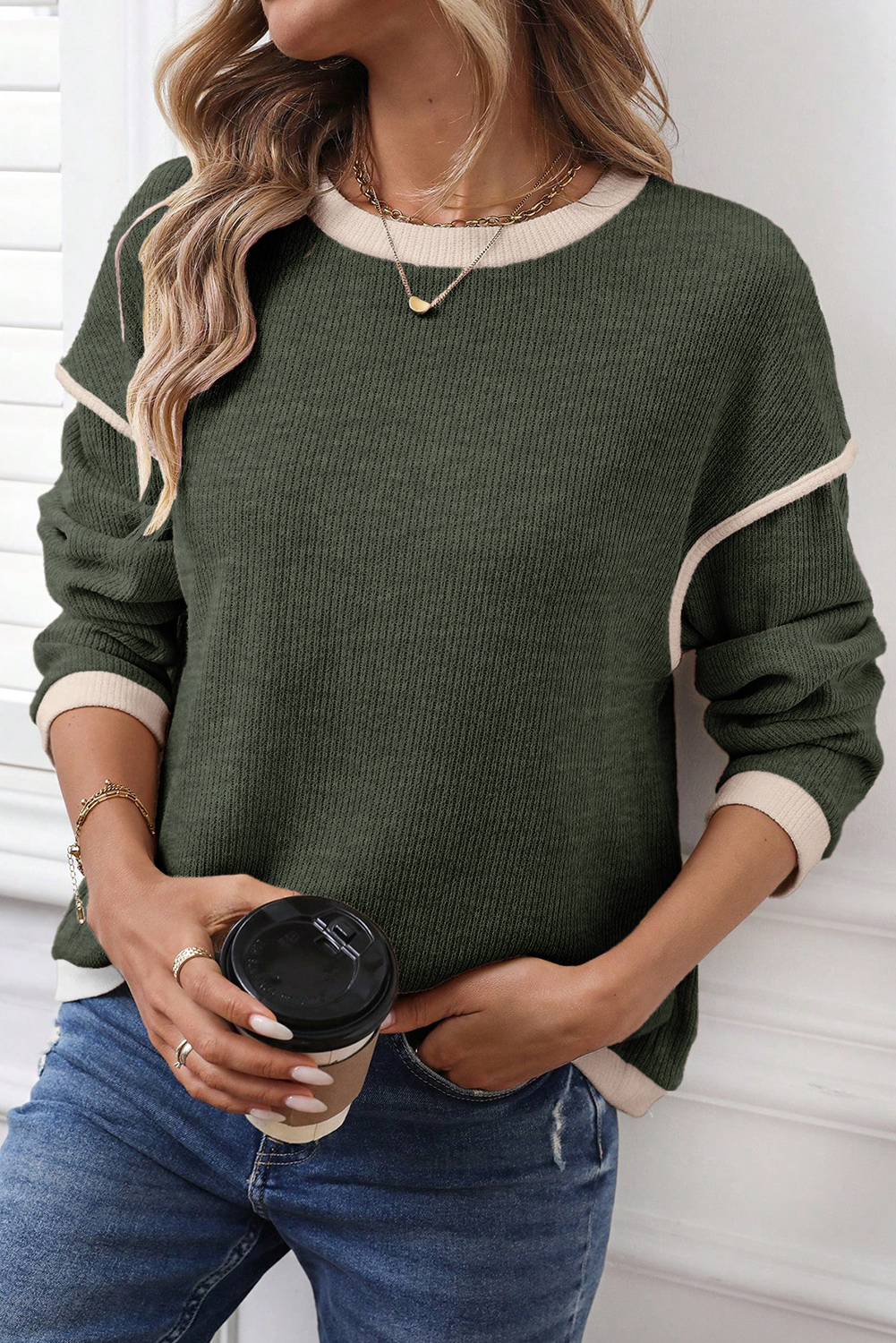Four Leaf Clover Contrast Color Trim Knit Drop Shoulder Loose Top - Image 4