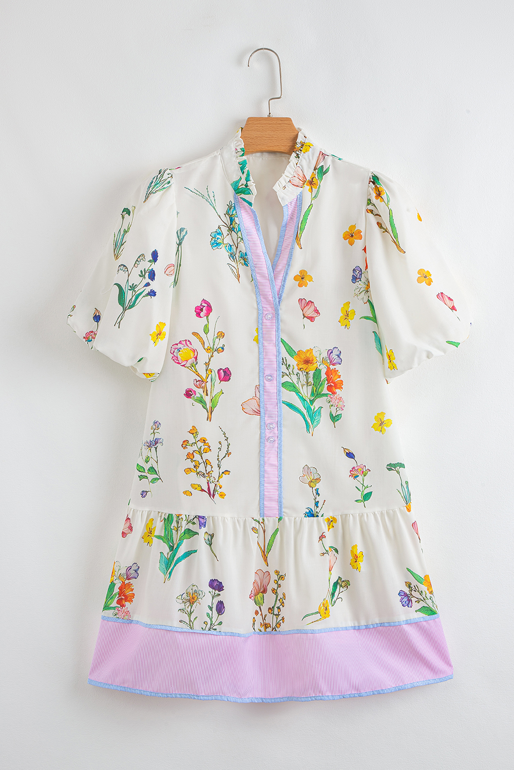 White Floral Print Contrast Striped Patchwork Short Puff Sleeve Dress - Image 7